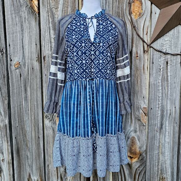 Tier Patchwork Dress Susan Tunic Hemant & Nandita Anthro Size S Blue Ruffle Lace - Picture 1 of 10